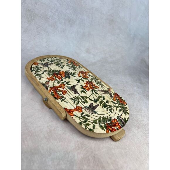 Vintage Mod MCM Floral Collapsible Wooden Basket Bowl Wall Art Decor Hummingbird - Picture 7 of 7